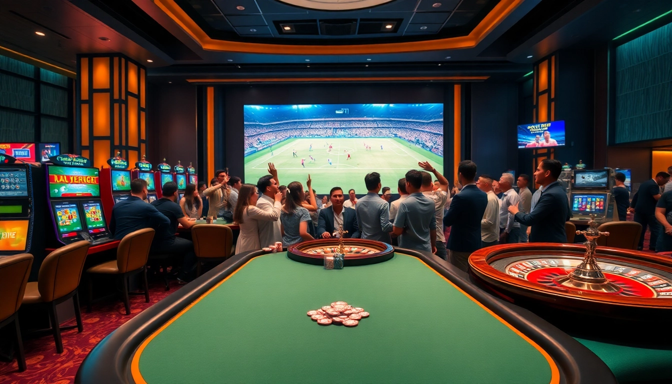 Experience the thrill of trực tiếp bóng đá at this luxurious casino scene with vibrant slot machines and poker games.