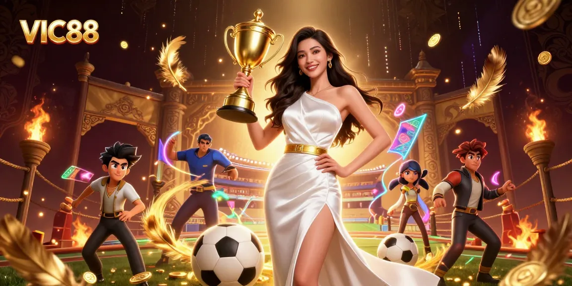Experience the excitement of betting at VIC88 with a trophy-winning Asian woman in a glamorous setting.