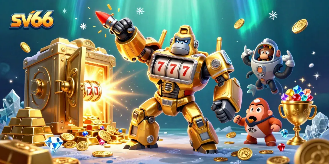 Experience exciting gaming at sv66 with a dynamic 3D illustration of a transformer-style golden gorilla mech.