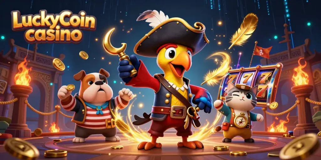 Upplev spänningen i LuckyCoin casino med en 3D-illustration av en piratkapten och spelkaraktärer.