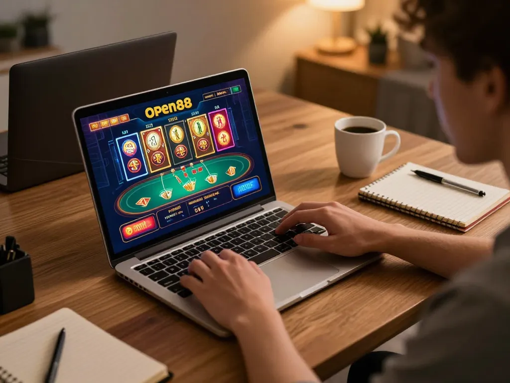 Player enjoying Open88 online casino games on a laptop, surrounded by strategy notes and a coffee cup.