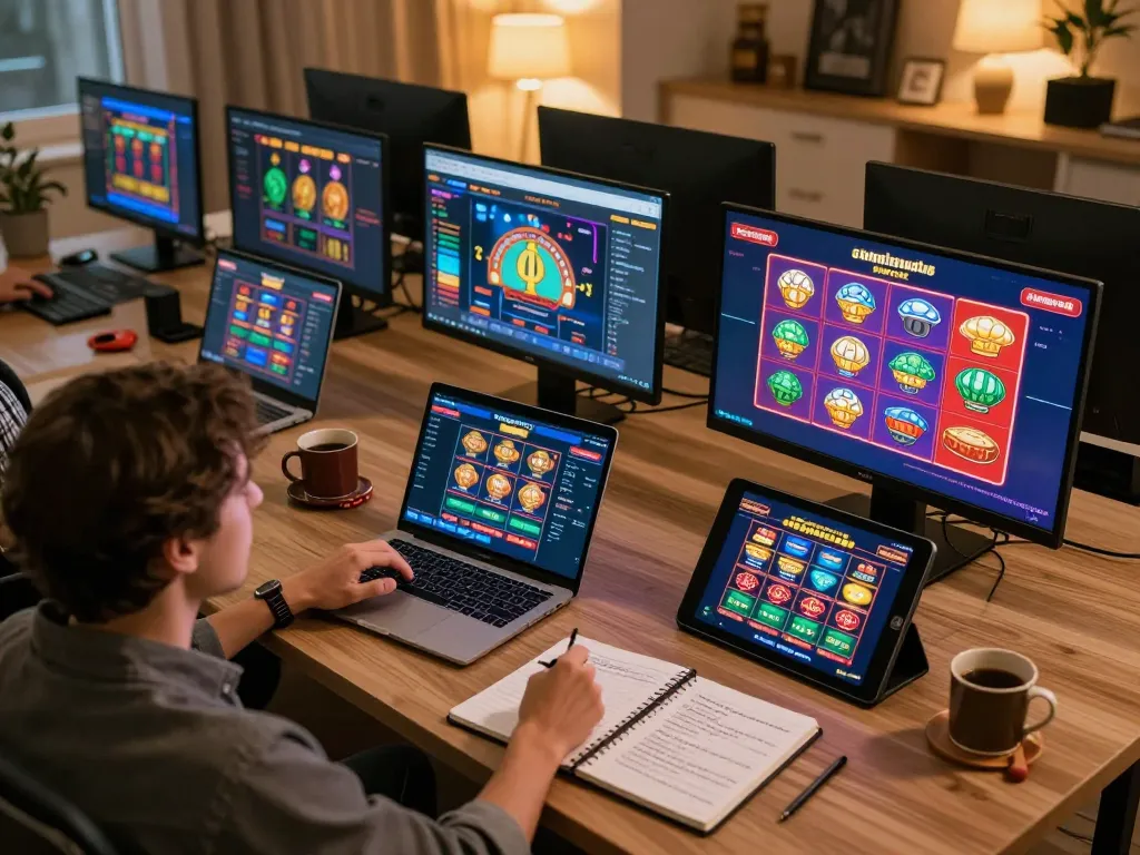 Engaging in online gambling at hubet with vibrant game interfaces visible on multiple devices