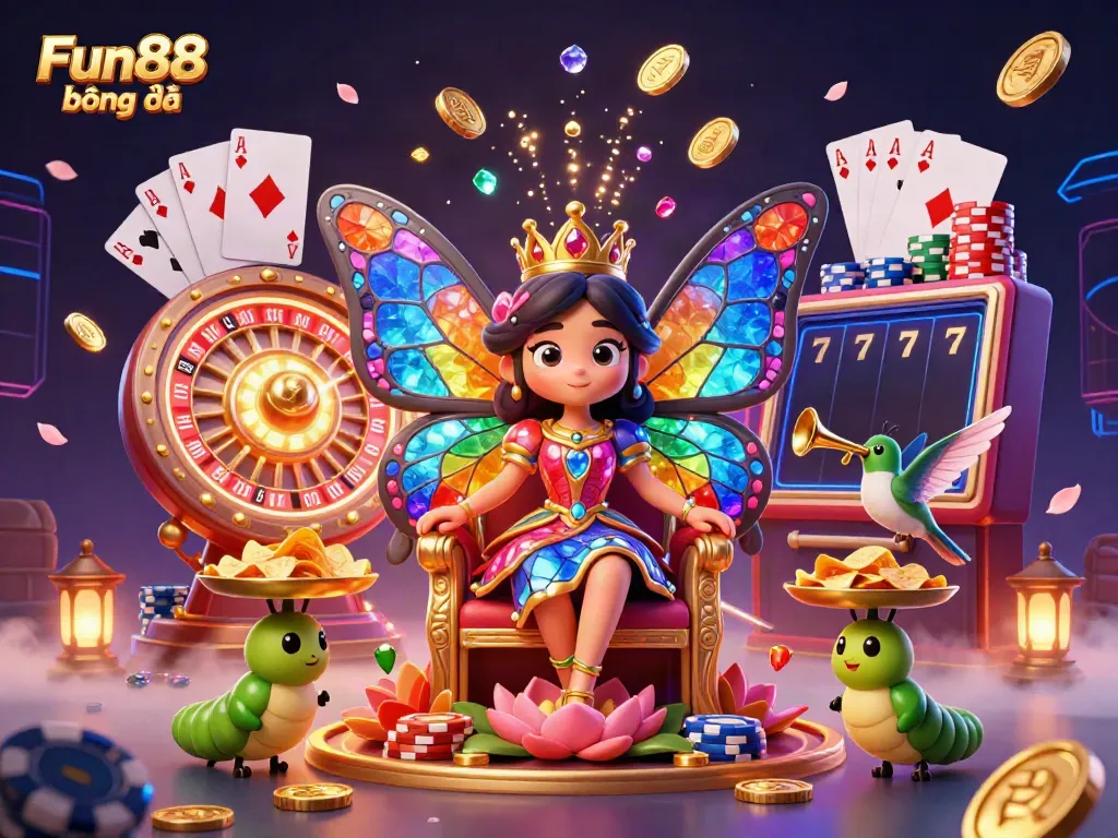 Experience Fun88 bóng đá with a vibrant 3D gambling scene featuring a butterfly queen and casino elements.