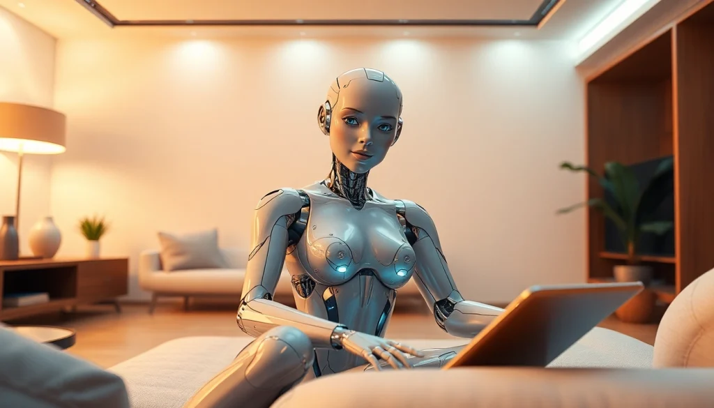 Explore a sophisticated AI sex bot in a modern living space, showcasing advanced realism and technology.