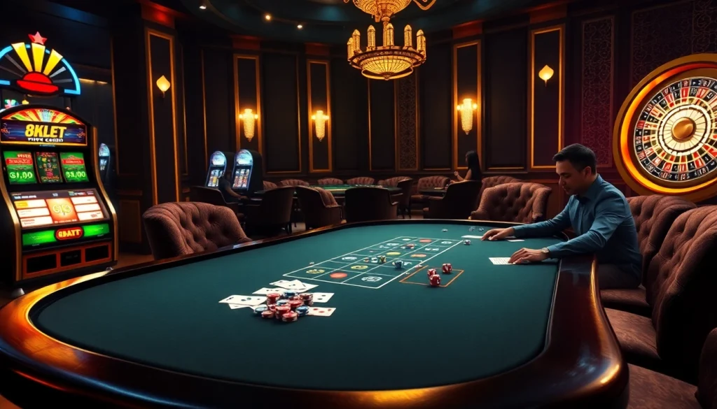 Exciting high-stakes poker game at 8KBET casino with vibrant chips and elegant decor