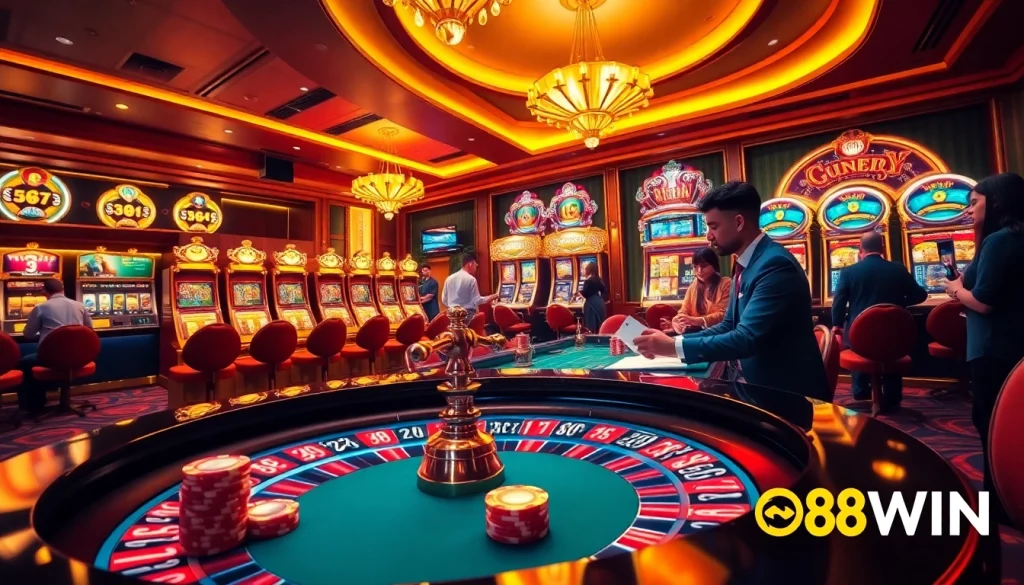 Players engaging at a luxurious casino table showcasing 98WIN's thrilling atmosphere.
