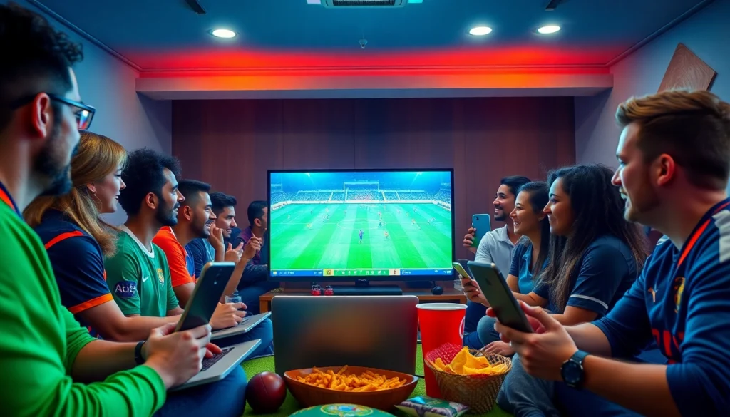 Xoilac TV streaming experience, showcasing excited fans enjoying live football matches on various devices in a vibrant setting.