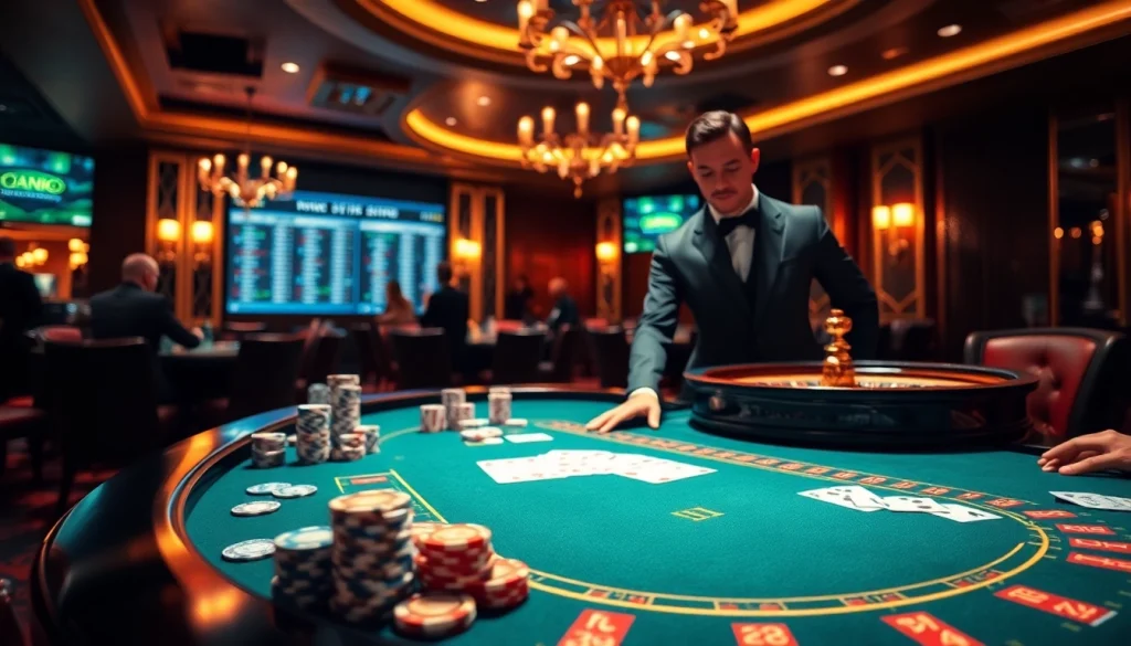 Intense gameplay at a trusted gambling table (nhà cái uy tín) filled with poker chips and engaged players.