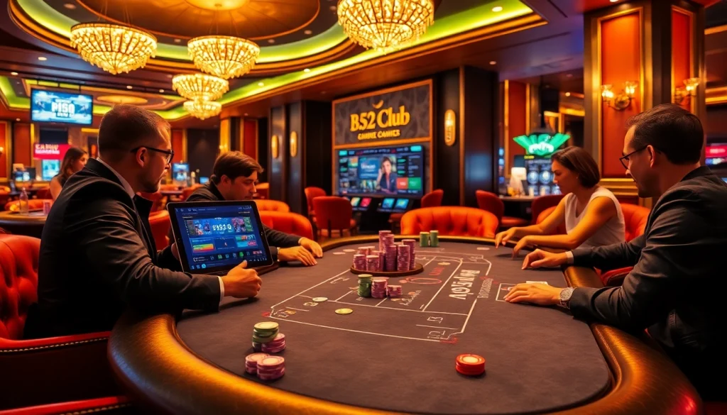 B52 Club players enjoying a thrilling poker game in a luxurious casino setting.