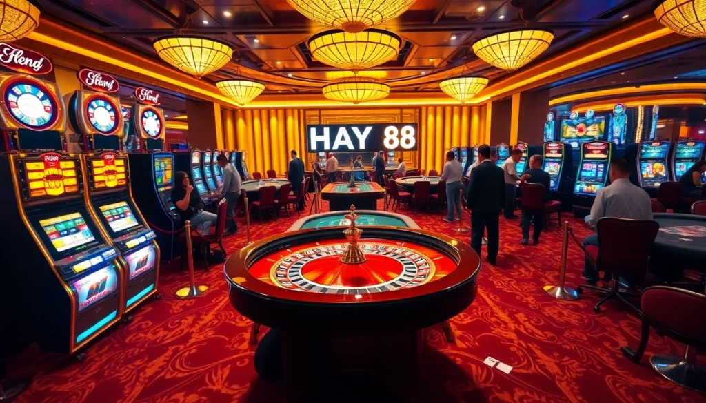 Experience the thrill of HAY 88 at a luxurious casino scene with vibrant tables and exciting games.