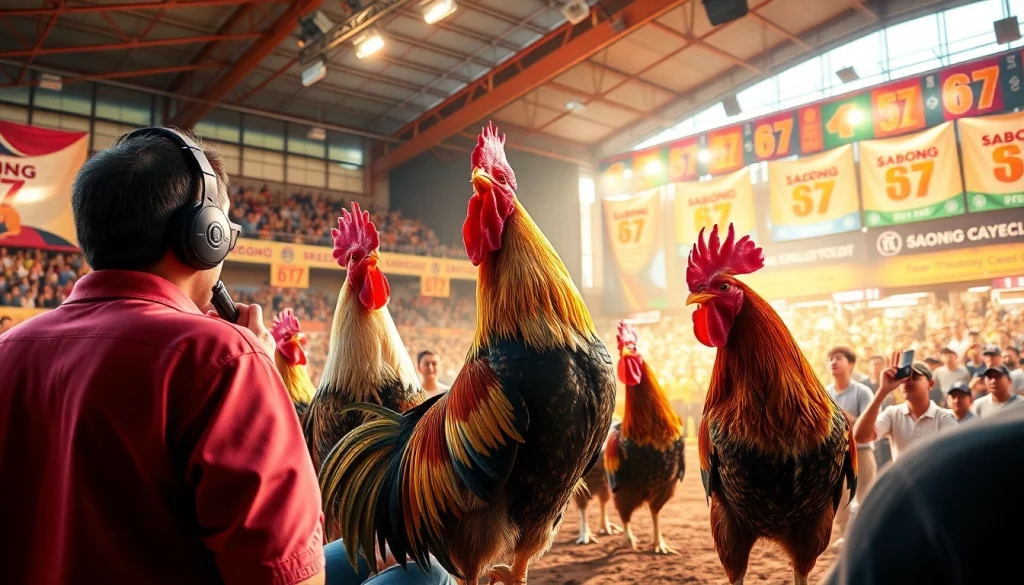 Experience the excitement of dagatructiep 1 in a vibrant sabong arena with cheering fans and live commentary.