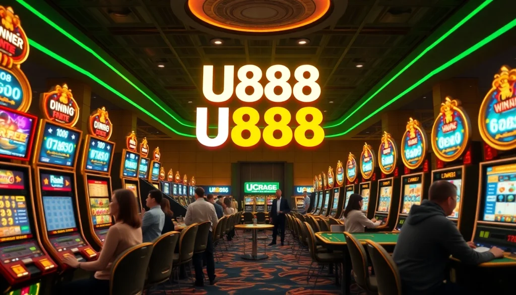 U888 casino gaming scene with players engaged in slots and card games, showcasing excitement and luxury.
