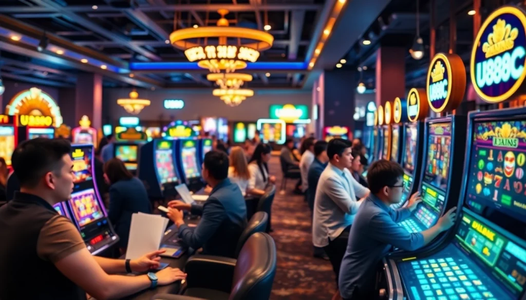 U888 online casino atmosphere with players enjoying slots and table games, embodying excitement.