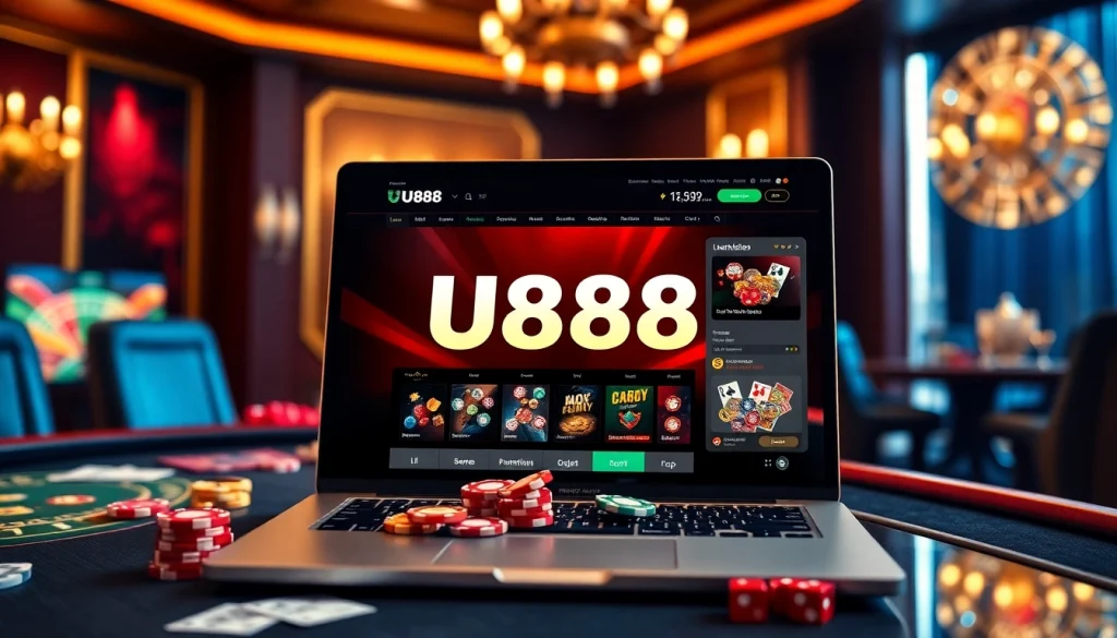 Experience the thrill of U888 online casino with vibrant poker chips and sleek gaming interface.