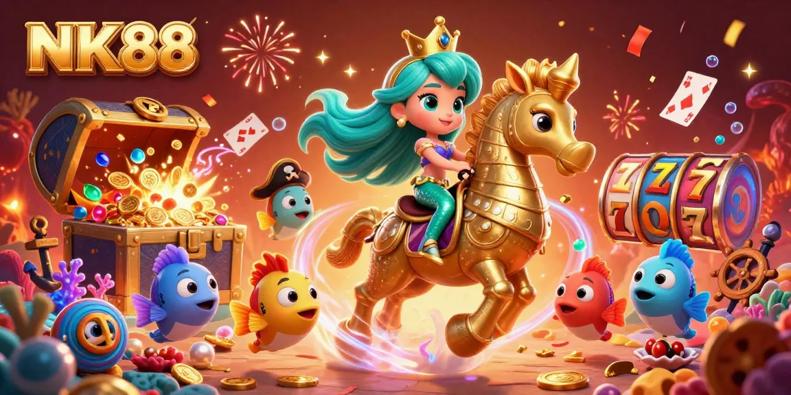 Experience exciting jackpots with NK88 in this vibrant underwater casino scene featuring a mermaid and seahorse.