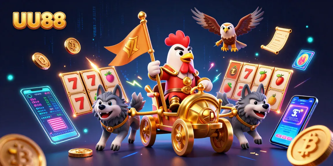 Experience the excitement of UU88 with a cartoon rooster warlord and thrilling slots.