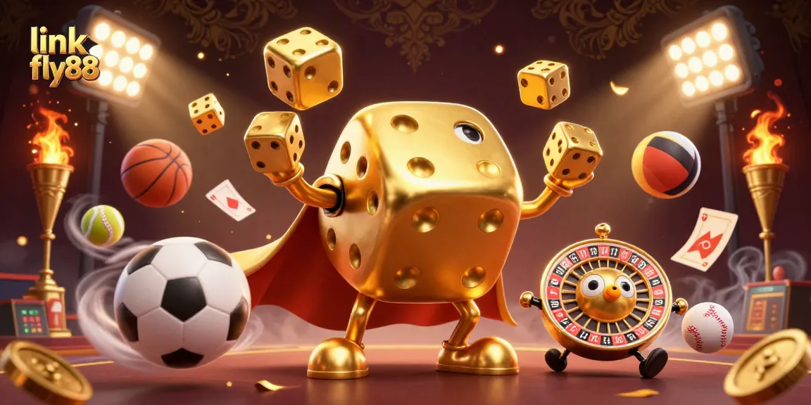 Experience excitement and action with link fly88 through vibrant casino gaming elements in this dynamic 3D illustration.