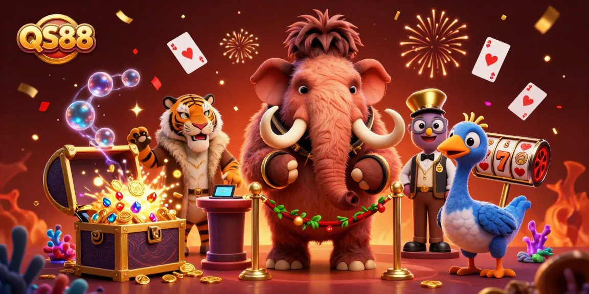 Experience the thrill with QS88 at this vibrant casino-themed illustration featuring unique characters and dynamic gaming elements.