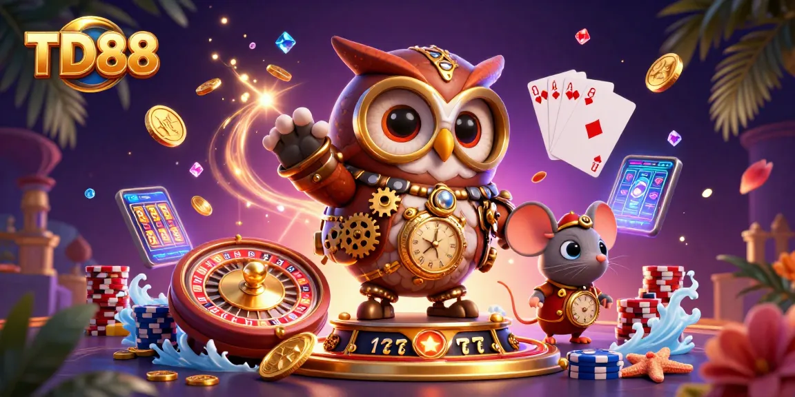 Experience thrilling gaming action at TD88 with a time-traveler owl and dazzling casino elements.