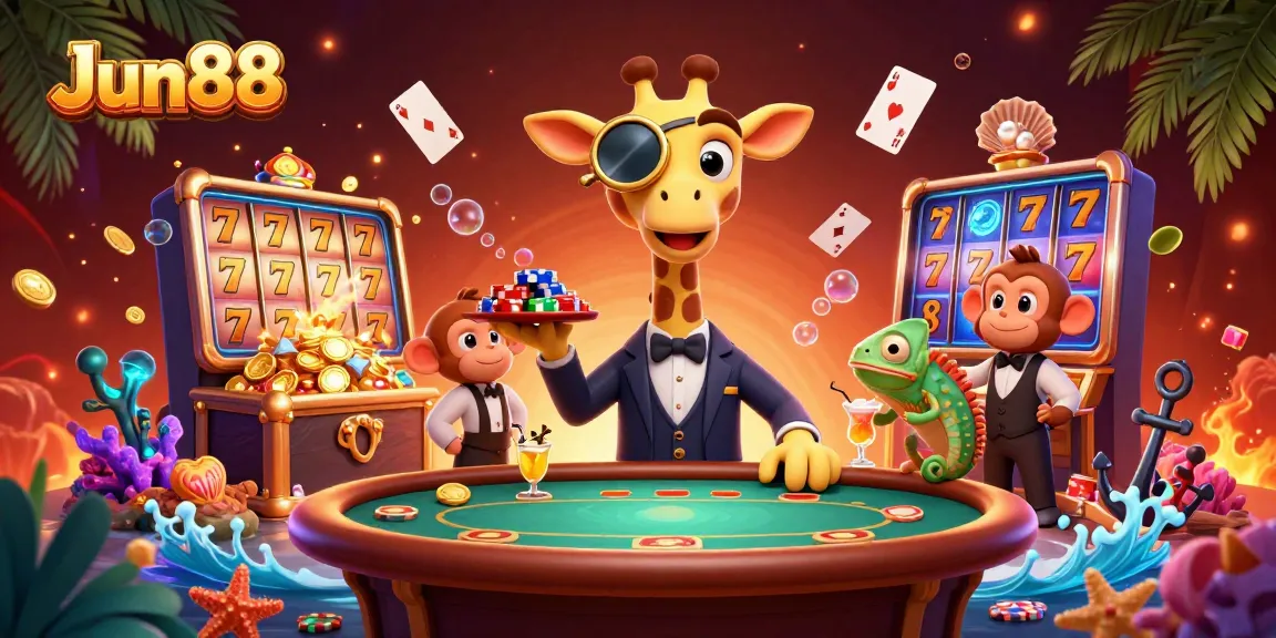 Spin and win at Jun88 with a vibrant casino scene featuring a high-roller giraffe and lively characters.