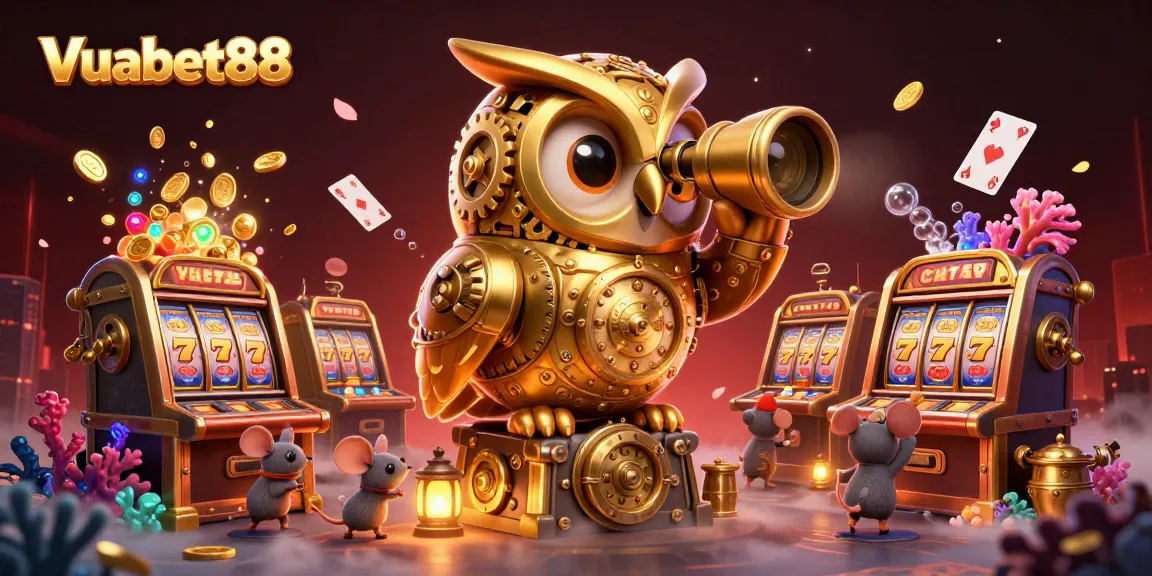 Experience the excitement at Vuabet88 with a vibrant, dynamic 3D casino illustration showcasing playful elements.