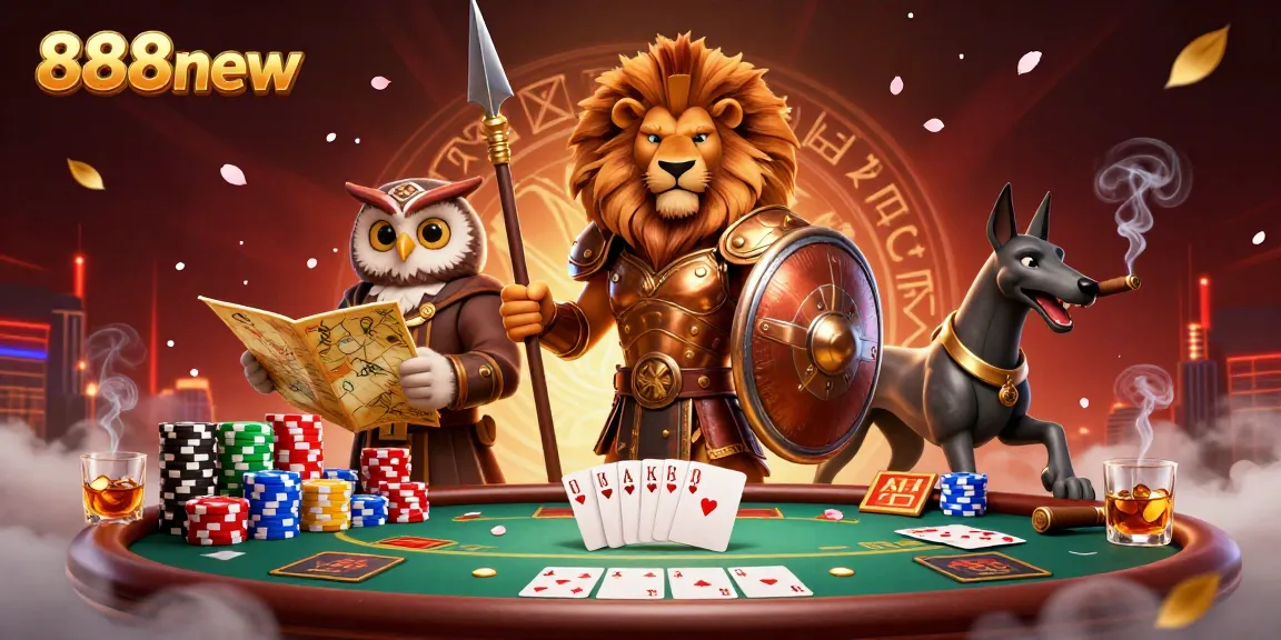 Engage in thrilling 888new poker action featuring a Spartan lion, wise owl, and swift greyhound amidst vibrant casino elements.
