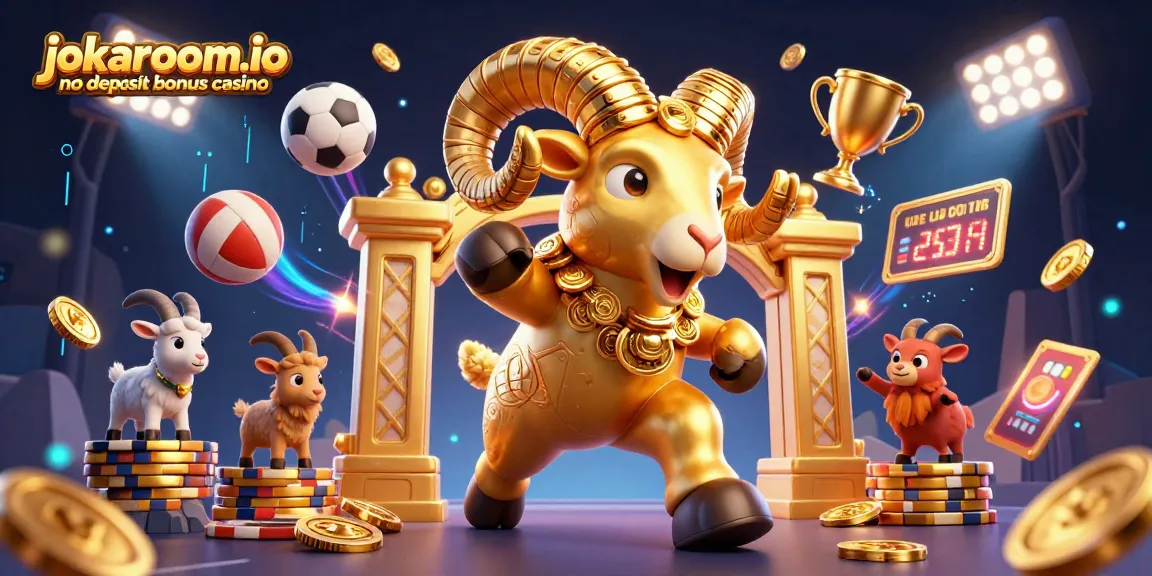 Experience the excitement of jokaroom.io no deposit bonus casino with vibrant gaming elements and a charging golden ram.