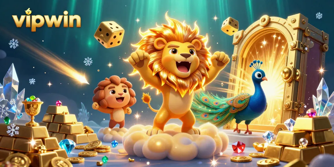 Win big with vipwin in an ultra-detailed casino-themed illustration featuring golden rewards and jubilant characters.