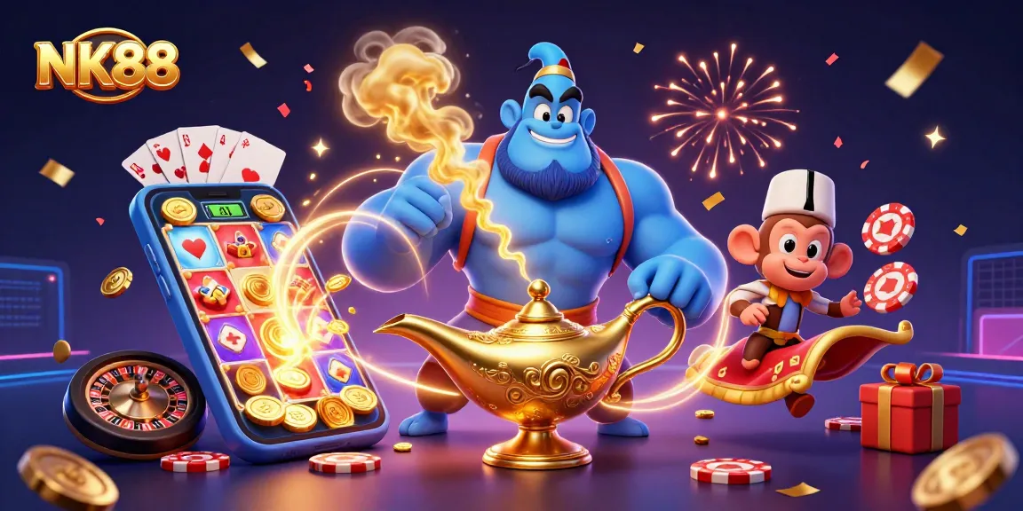 Join NK88 for thrilling slot games with a magical genie, poker chips, and celebratory surprises!