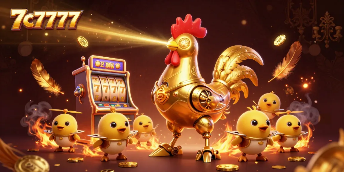 Engage in dynamic slot action with 7c7777's golden rooster robot and baby chick drones in a vibrant casino setting.