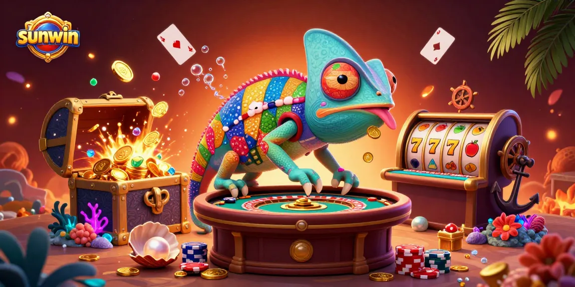 Experience the thrilling world of sunwin with a colorful 3D chameleon casino owner catching golden coins amidst vibrant casino elements.