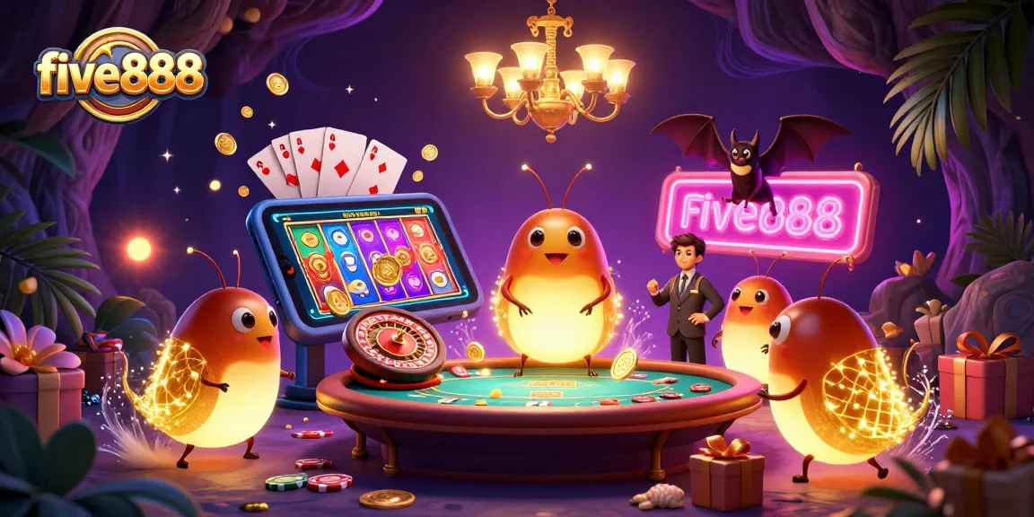 Experience the excitement of five888 with glowworms illuminating a vibrant cave casino atmosphere.