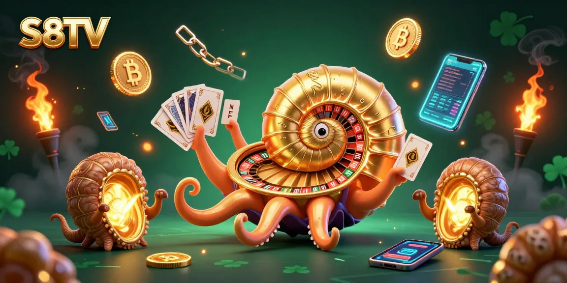 S8TV showcases dynamic sports betting action with a giant nautilus as a roulette wheel amid glowing cryptocurrency elements.