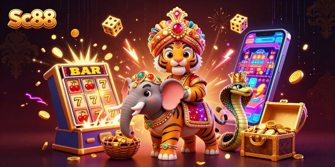 Experience Sc88's vibrant casino atmosphere with Indian maharaja tiger, treasures, and jackpots.