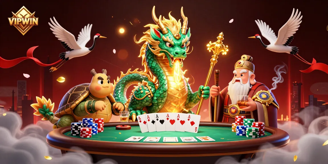 Experience the thrill of VIPWIN with a vibrant 3D scene of dragon and turtles amidst poker excitement.