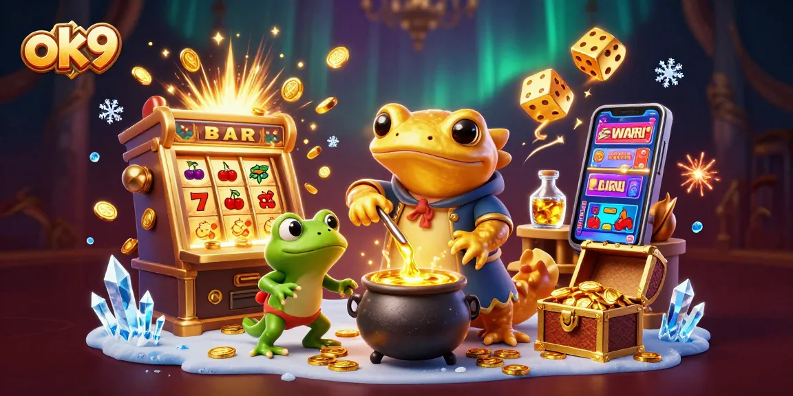 Experience the thrill of winning with ok9 as golden coins fly from a magical slot machine.