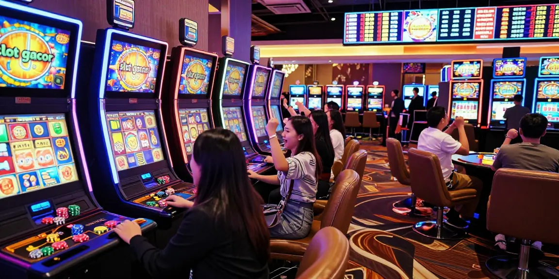 Excited players at vibrant casino with slot gacor machines surrounded by cheering crowd and colorful tokens