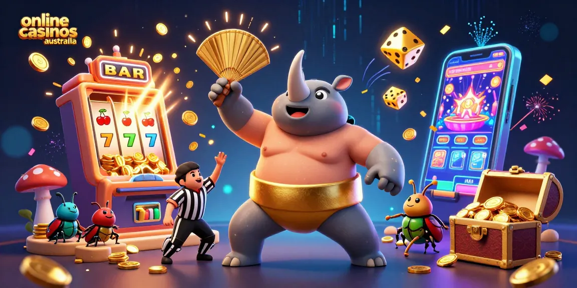 Action-packed scene showcasing online casinos australia with whimsical beetles and bursting slot machines.