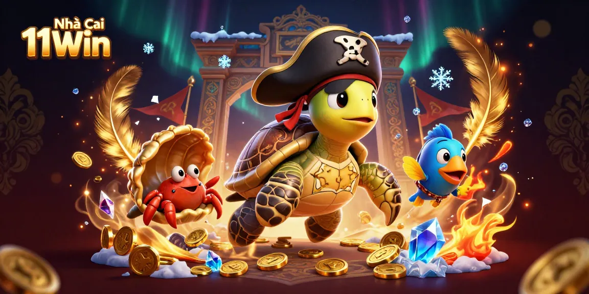 Experience the thrills at Nhà cái 11Win with our dynamic pirate-themed illustration packed with action.