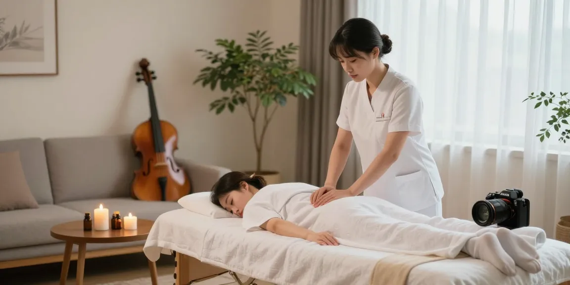 Relaxing home setting for 동탄출장마사지 with a professional therapist preparing soothing ambiance and essential oils.