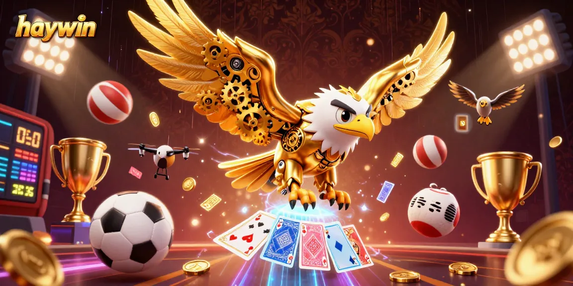 Experience thrilling gaming with haywin as a golden eagle soars through vibrant casino elements.